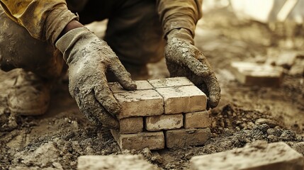 Bricklayer Carefully Placing Bricks on Construction Site Ground