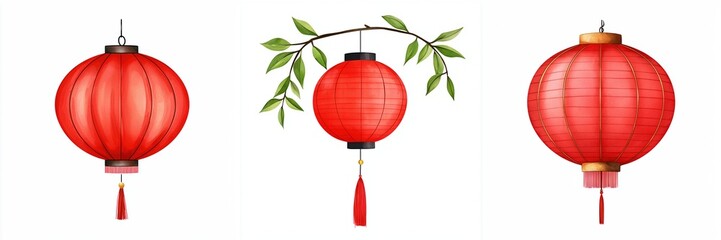 Obraz premium Chinese new year zodiac concept. Three decorative red lanterns with tassels and greenery.