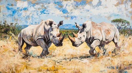 Fototapeta premium fight, a confrontation between two white rhino in the savannah