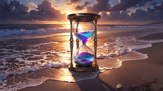 Glass Hourglass with Galaxy Sand on a Sunset Beach. Perfect for: poetry readings, time-related themes, beach weddings, sunset events