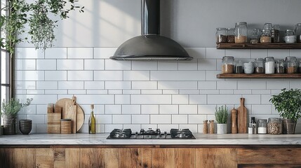 [Modern farmhouse kitchen design] Modern Kitchen Island with Hanging Pots & Herb Jars Under Natural Light