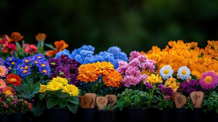 [colorful flower farm decorative vibrant aromatic] Vibrant Colorful Flower Arrangement with Six Distinct Hues in Outdoor Setting