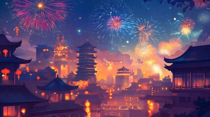 Fototapeta premium Dazzling Fireworks Display Over Illuminated Asian Cityscape - Vibrant Celebration, Festive Skyline, Nighttime Spectacle