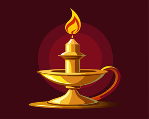 A golden candlestick with a flickering flame, standing against a deep burgundy background