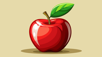 A shiny red apple with a single green leaf, placed against a warm cream-colored backdrop