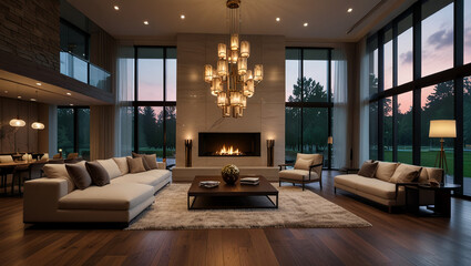 illustration Stunning luxury home with beautiful vertical living room, featuring hardwood floors, fireplace and oversized lamps. the beautiful one