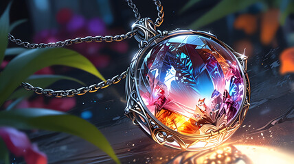 Crystal Pendant with Gradient Colors Sparkling in Sunlight. Perfect for: jewelry promotions, fashion showcases, romantic themes, luxury events