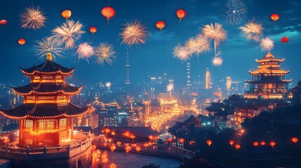 Obraz premium Dazzling Fireworks Display Over Illuminated Asian Cityscape - Vibrant Celebration, Festive Skyline, Nighttime Spectacle