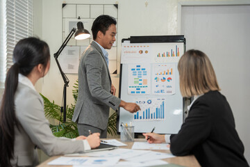 Asian business Talk about new projects, presents at home office.
