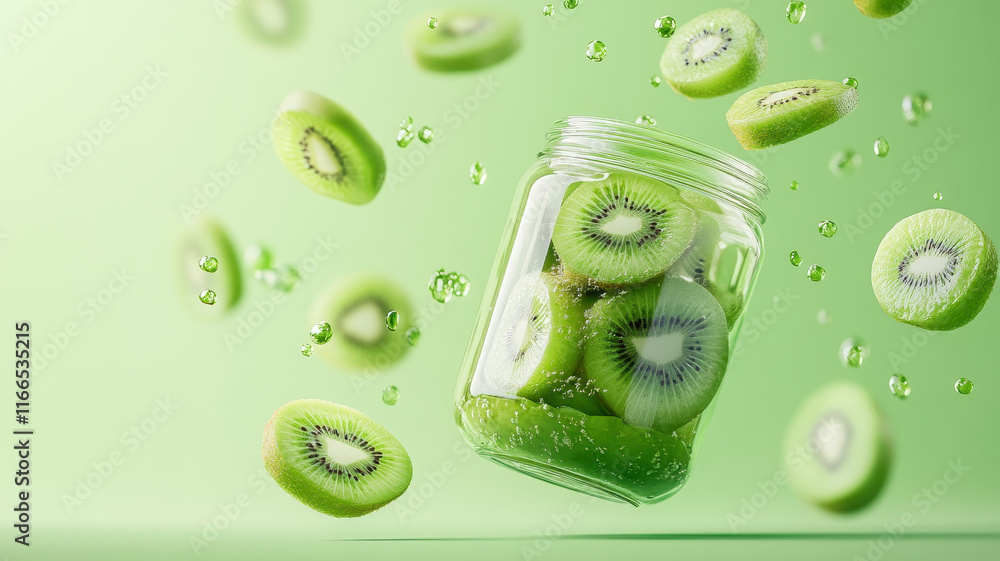 Poster kiwi slices floating around jar filled with fresh green kiwis, creating vibrant and refreshing scene