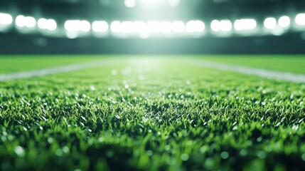 Naklejka premium Green Grass Field Illuminated by Bright Stadium Lights at Night..