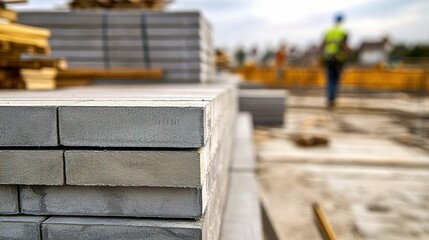 Obraz premium Neatly Stacked Construction Materials at a Building Site