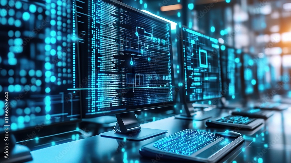 Poster high-tech office with futuristic monitors and digital display