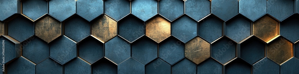 Poster a textured hexagonal pattern featuring metallic and dark surfaces for design purposes.