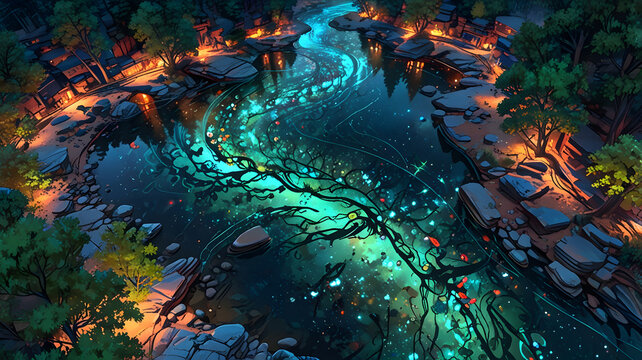 Transparent River with Starry Glimmers and Hovering Insects in Forest. Perfect for: nature-themed designs, fairytale visuals, outdoor events, environmental concepts