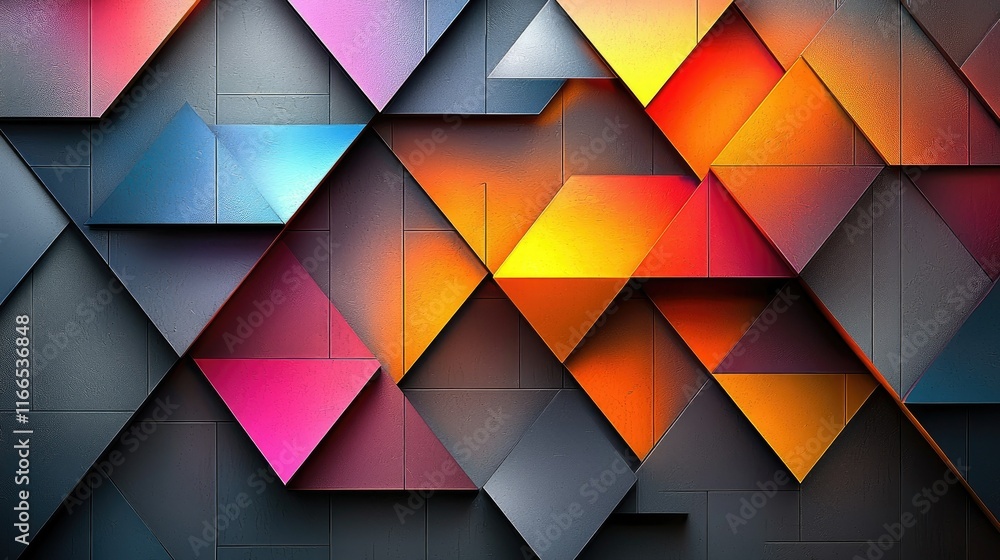 Poster a vibrant abstract composition of colorful geometric shapes and patterns.