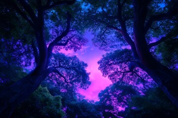 A view through the trees with purple and blue hues creating a magical and enchanting forest canopy scene