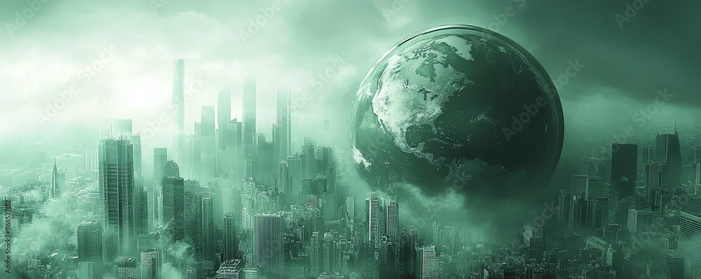 Poster visually captivating abstract tech background with a dynamic globe and modern city infrastructure, s