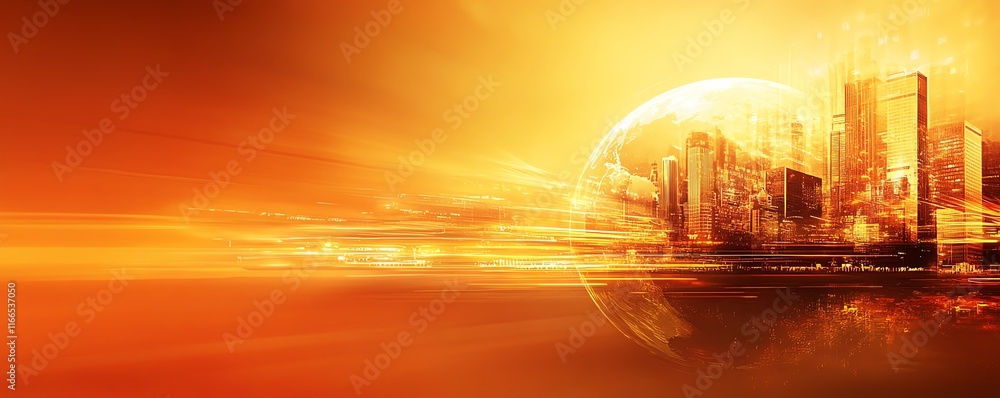 Poster visually striking abstract technology background featuring a dynamic globe and modern city infrastru