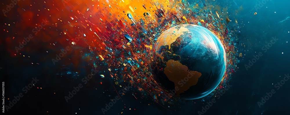 Poster visually striking abstract technology background featuring a dynamic globe and modern city infrastru