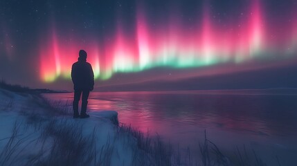 Obraz premium Silhouetted person watching aurora borealis over calm water.