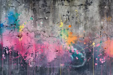 Naklejka premium Close-up of a textured concrete wall with paint splatters, showing signs of wear and tear.