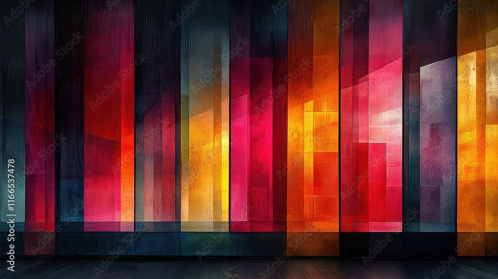 Poster a vibrant abstract composition with colorful geometric shapes and layered textures.