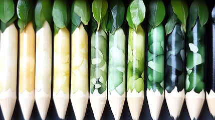 Green leaf adorned pencils showcasing a gradient color scheme