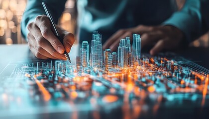Architects studying an abstract sketch of a futuristic cityscape, planning sustainable and cuttingedge buildings to transform the future urban environment