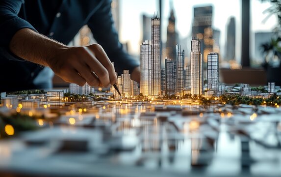 Architects envisioning a futuristic cityscape, studying an abstract sketch, focusing on creating innovative and sustainable buildings to shape the urban landscape