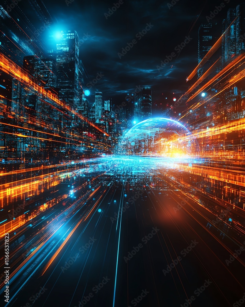 Poster futuristic abstract background with a globe in motion, modern city infrastructure, and global busine