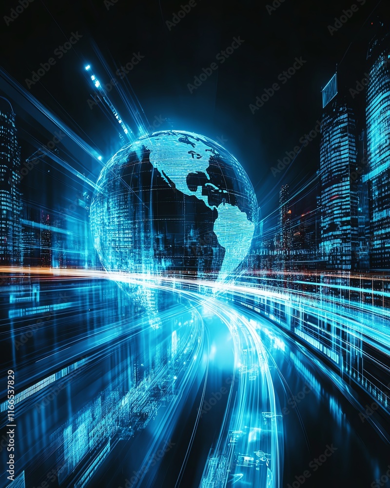 Poster futuristic abstract background with a globe in motion, modern city infrastructure, and global busine