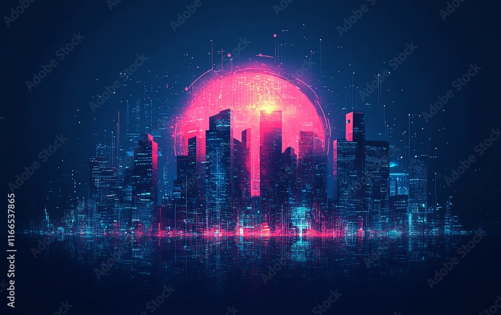 Poster futuristic abstract technology design with a dynamic globe and modern city infrastructure, represent