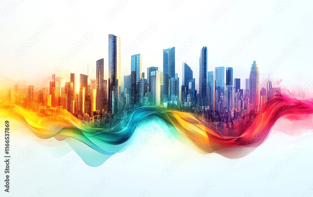 Poster futuristic abstract technology design with a dynamic globe and modern city infrastructure, represent