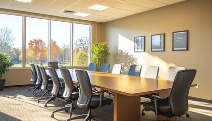 Sleek, modern meeting room with open space and neutral colors, featuring large wall areas perfect for incorporating text and graphics