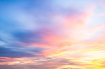 Fototapeta premium Sky sunset evening background sunrise dusk cloud dramatic orange twilight red warm sunny dawn sunshine romantic calm nature, cloudscape summer autumn spring scene, environment ecosystem energy.