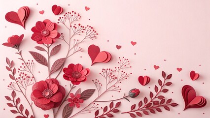 Paper cut-style red flowers and heart shapes on a soft pink background. Flat lay composition with copy space, perfect for Valentine's Day, love, wedding, or romantic greeting cards