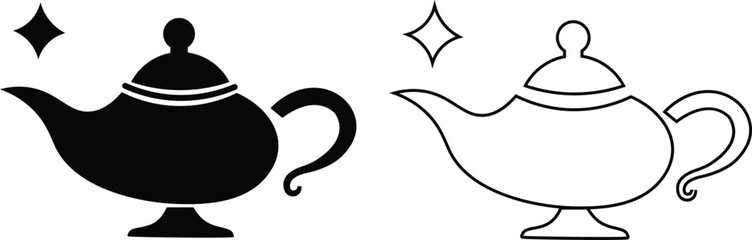 Magical Genie Lamp icon set. Mystical, black flat and line vector ornate genie lamp, radiating magic and wonder with sparkling stars. Perfect for fantasy, storytelling, and wish granting themes.