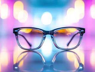 Close-up of fashionable eyeglasses on a sleek reflective surface, with a soft blurred background.