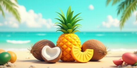 Obraz premium Tropical Pineapple and Coconuts on Beach