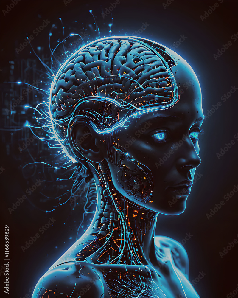 Poster 3d rendering of an artificial intelligence woman with glowing brain on dark background