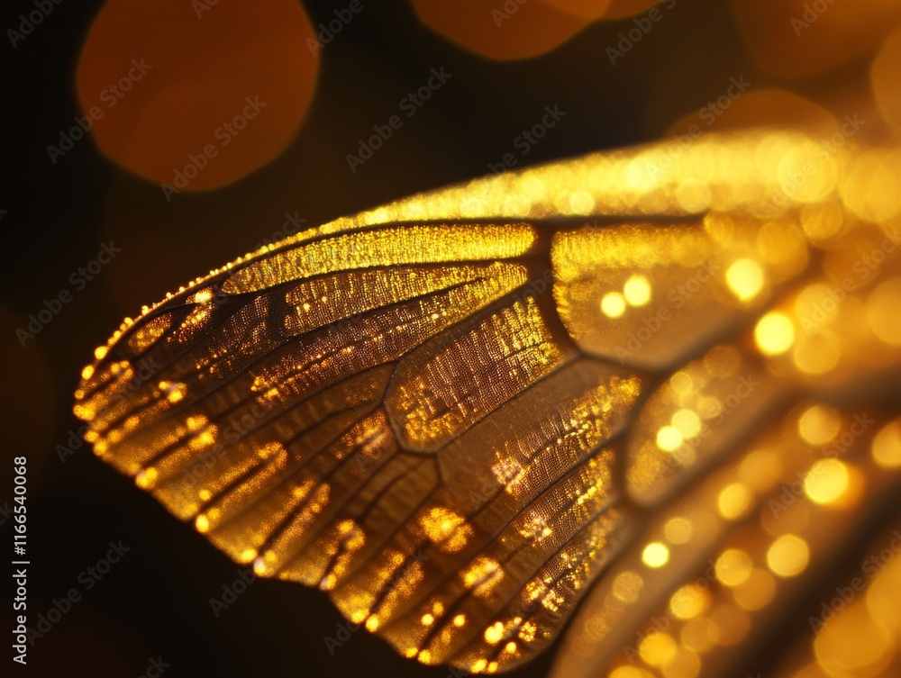 Poster a close-up of a butterfly's wing, glowing with golden hues and intricate patterns, set against a sof