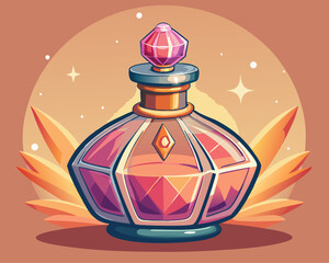 A delicate glass perfume bottle with a crystal stopper, surrounded by a soft peach-colored glow.
