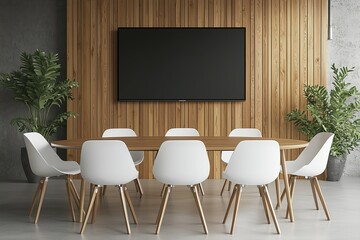 Conference room with wood accents and large TV on the wall.
