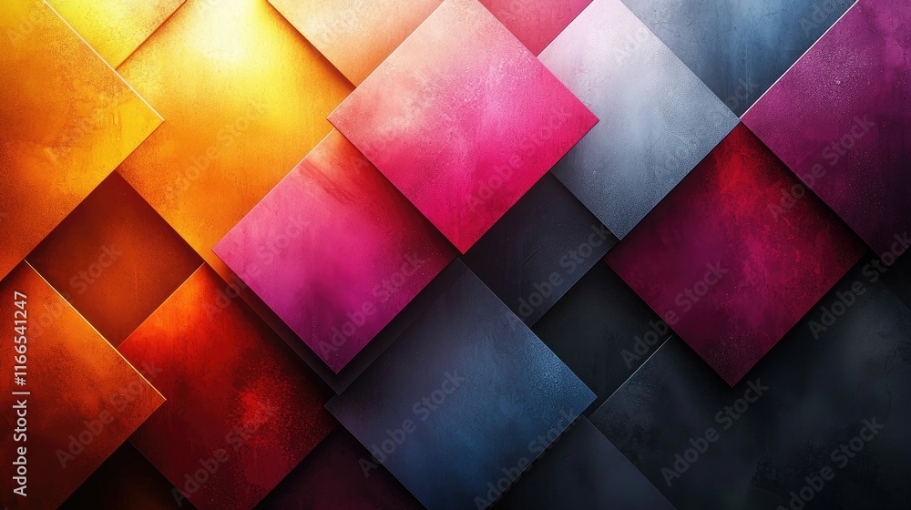 Poster a vibrant abstract pattern of overlapping squares in warm and cool colors.