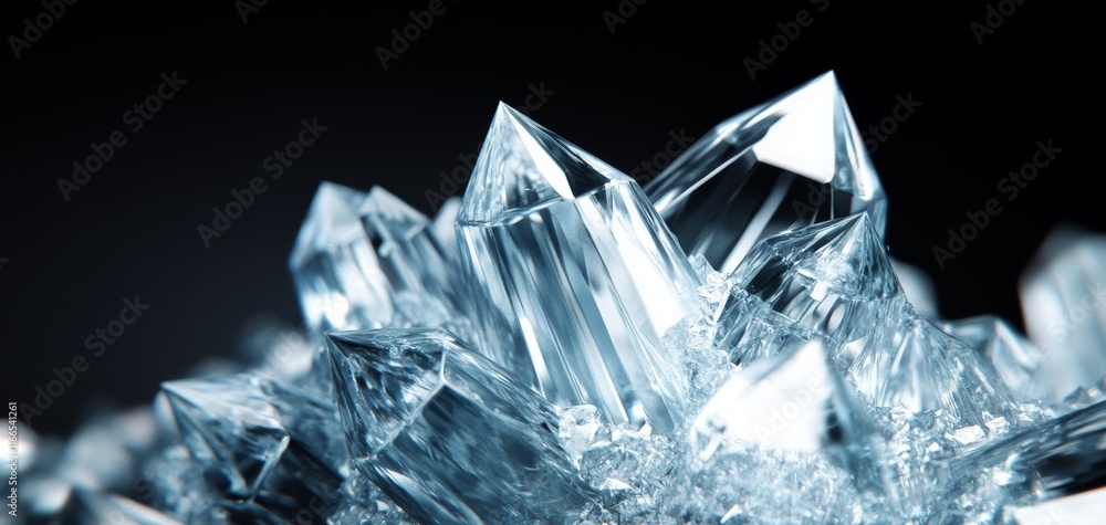 Poster a close-up view of stunning crystalline structures reflecting light, showcasing intricate patterns a