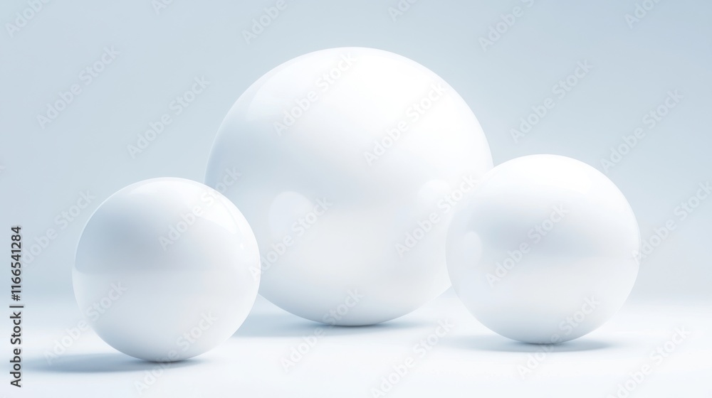 Poster a collection of smooth, shiny white spheres of different sizes arranged on a soft background, perfec
