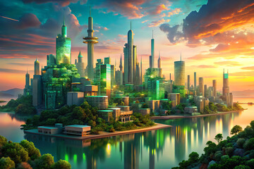 Fototapeta premium Futuristic cityscape with green buildings and serene water reflections