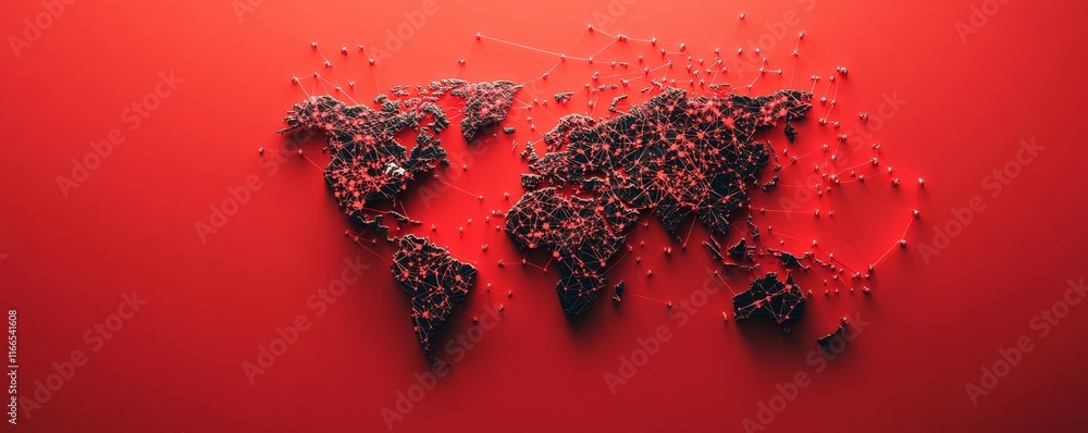 Poster a creative world map design made from small dots on a bold red background, symbolizing global connec