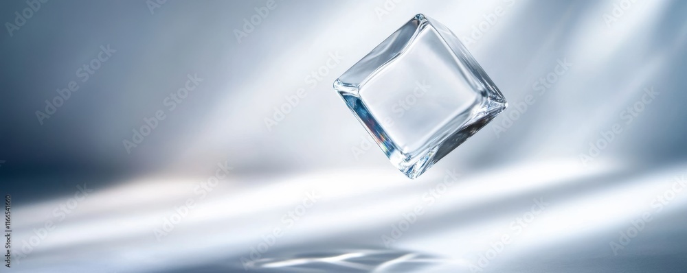 Poster a crystal-clear ice cube floating gracefully, capturing light and creating unique reflections on a s